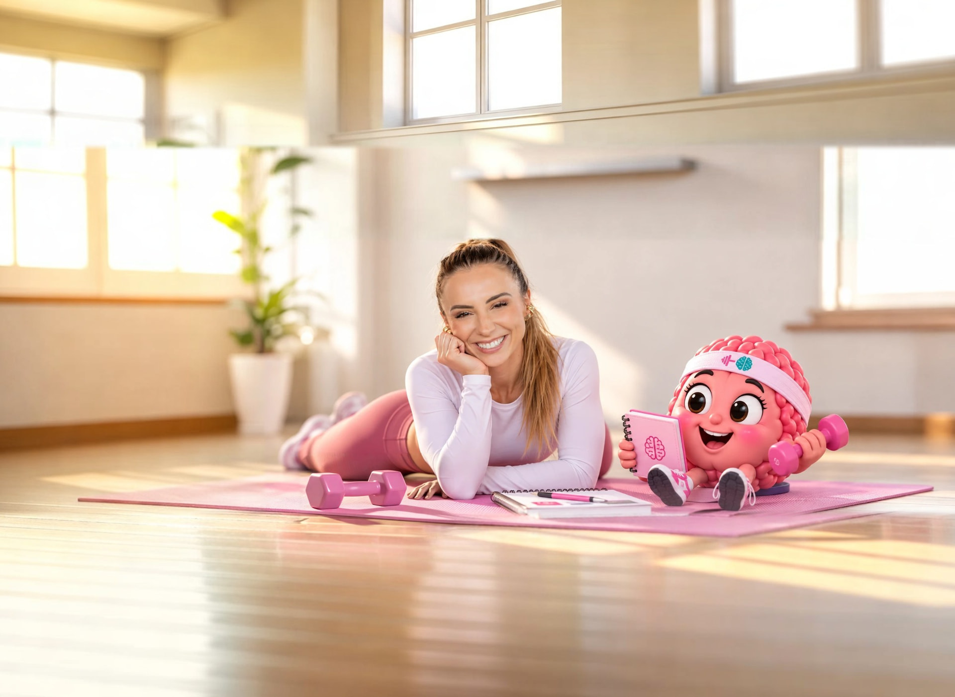 Mari deitada em um tapete rosa, sorrindo, ao lado do mascote do cérebro com tiara, segurando um caderno e um halter rosa