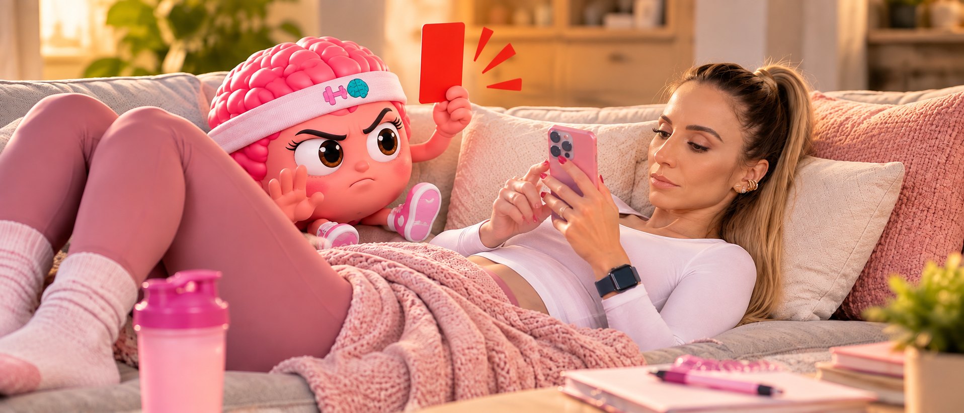 Mascote do cérebro mostrando cartão vermelho para a Mari, deitada no sofá com o celular, antes de treinar